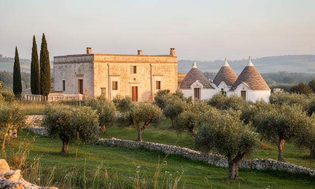 Antica masseria ristrutturata con trulli e terreno verde in campagna pugliese