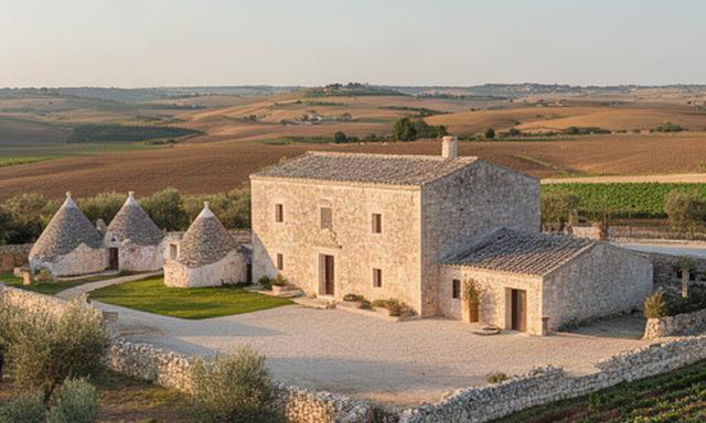Masseria Pietra Viva in pietra antica con trulli e campi coltivati su dodici ettari