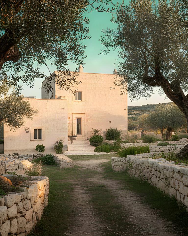 Casa di pietra pugliese tra ulivi e luce dorata nelle campagne vicino a Pulsano