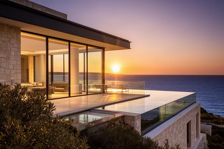 Villa dei Tramonti affacciata sul mare al tramonto con ampie vetrate