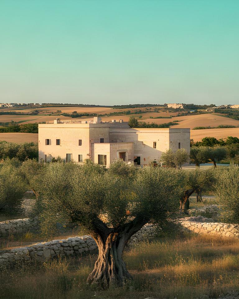 Masseria pugliese in pietra chiara tra ulivi e campi assolati vicino a Pulsano