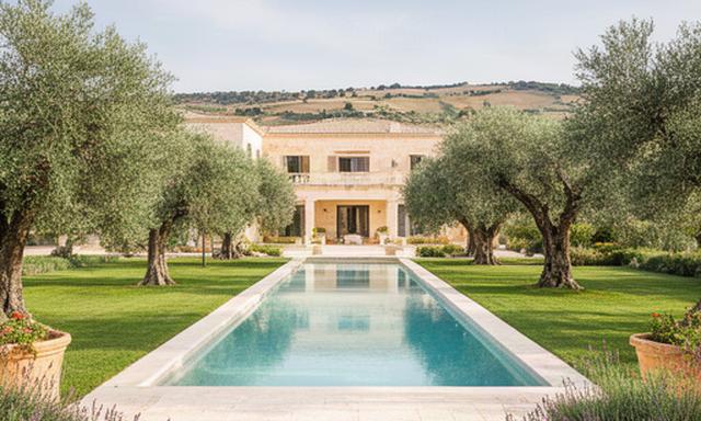 Villa dei Carrubi con piscina rettangolare e giardino di ulivi in Puglia